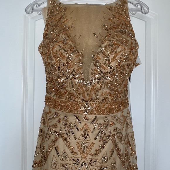 GOLD PROM GOWN DRES WITH DETACHABLE SKIRT EMBELLISHED MERMAID - Picture 9 of 13